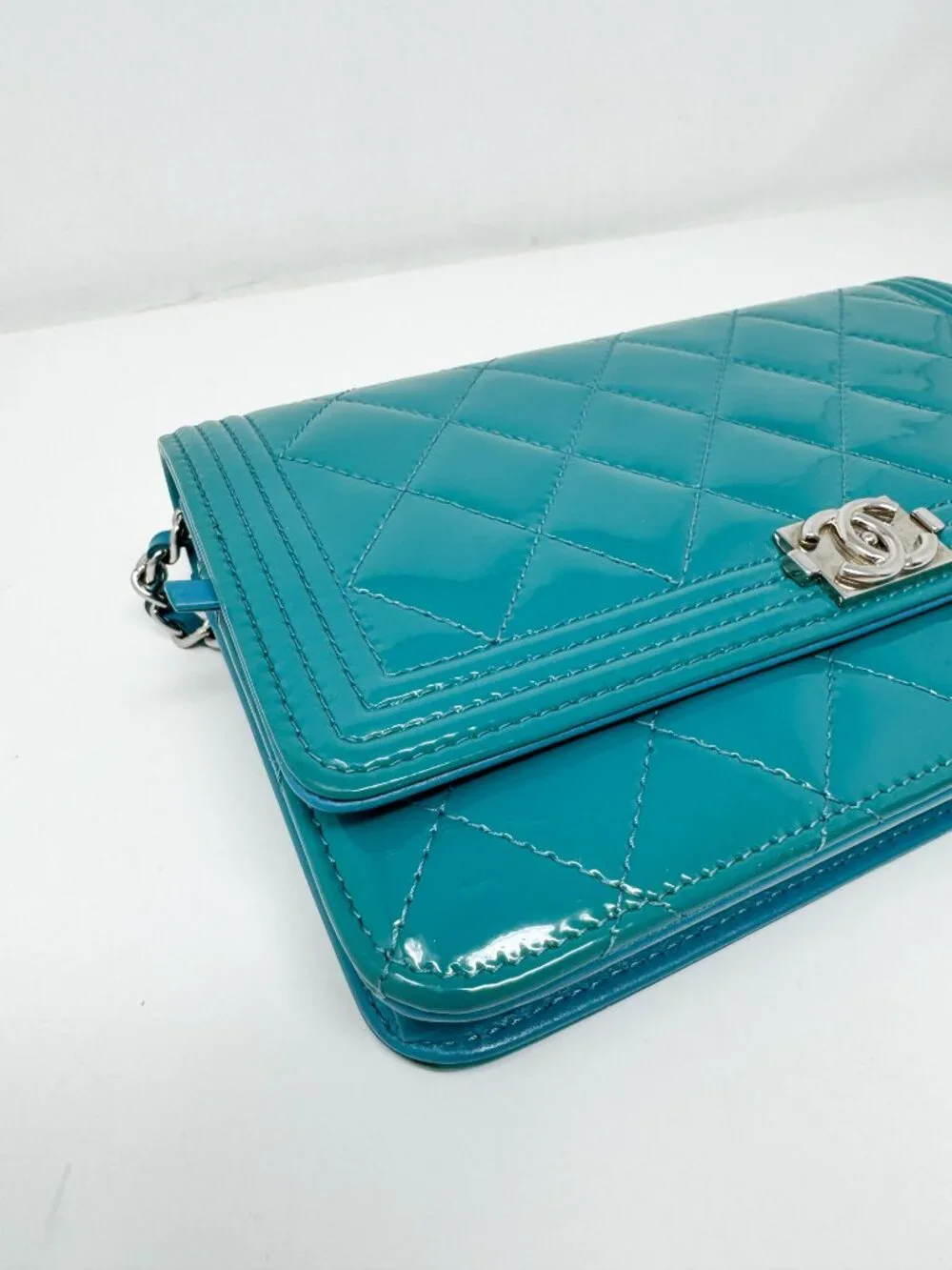 Chanel Turquoise Quilted Patent Leather Wallet on Chain